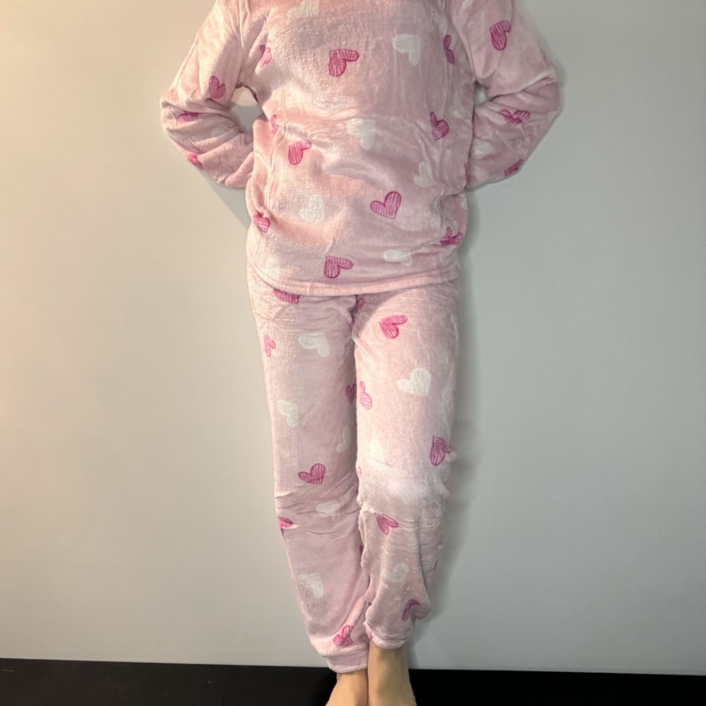 Γυναικεία Soft Fleece Πιτζάμα Με Καρδιές Ροζ